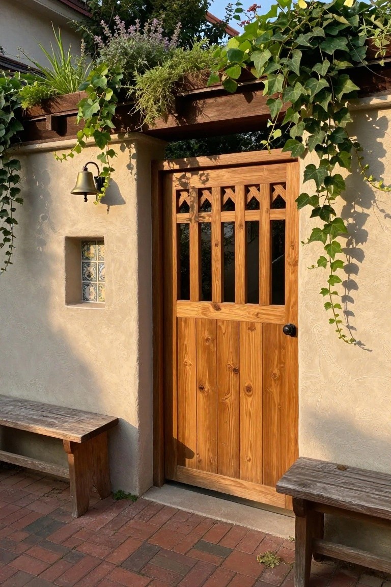 A wooden gate with vertical planks and a lattice upper section is set in a beige stucco wall next to a tiled niche and wooden benches on a brick path.