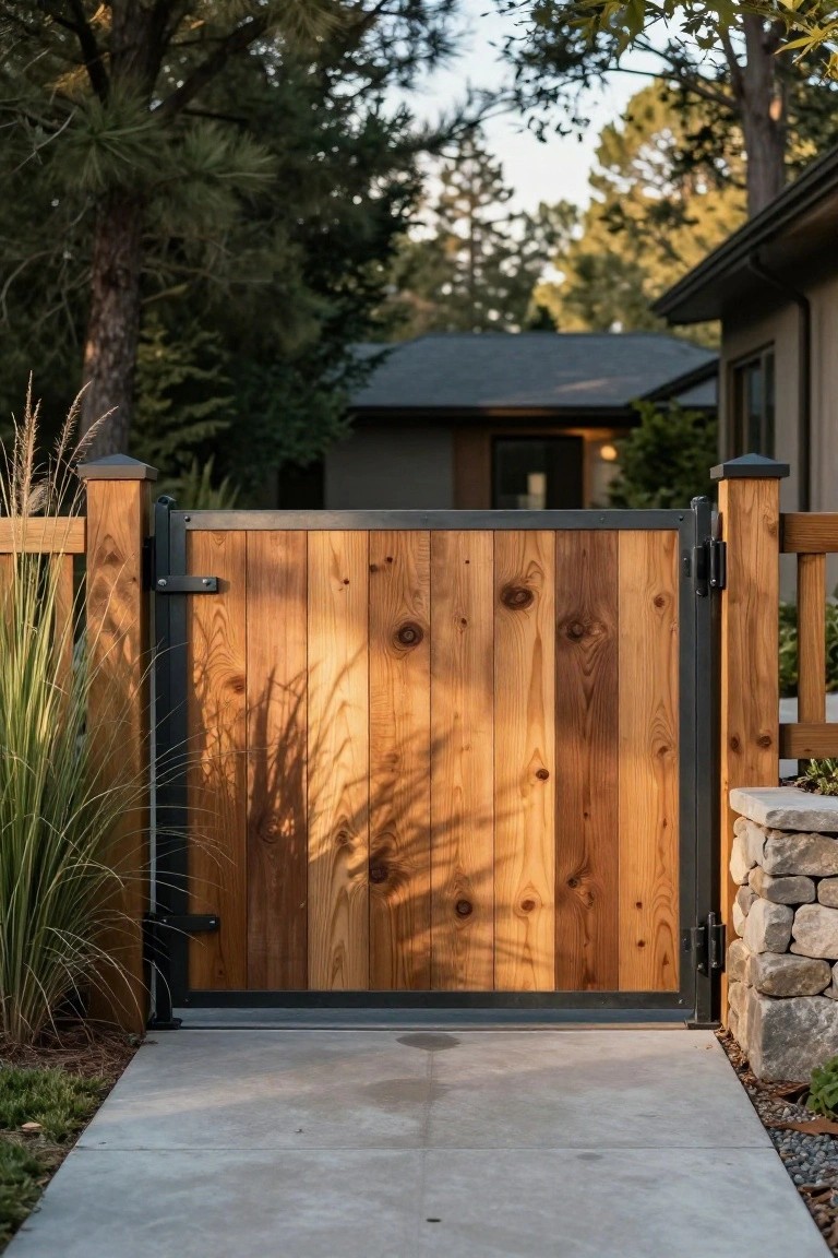 Wooden gate with black metal frame on concrete path amid trees and house.