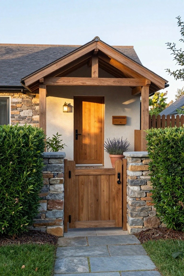 Front view of a house entry featuring a wooden gate between stone pillars, a wooden door under a gabled porch, and flanking green shrubs.