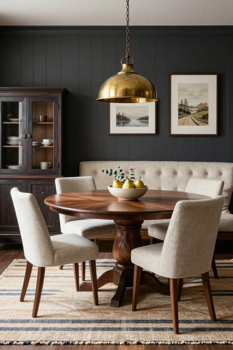A round wooden dining table with upholstered chairs in front of a dark vertical shiplap accent wall, topped by a large brass pendant light.