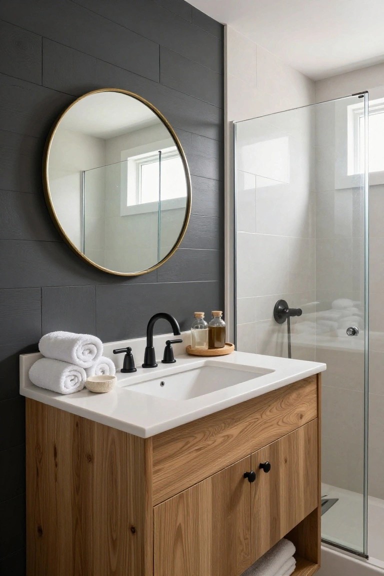 A bathroom vanity with a white countertop and wood cabinet sits below a round mirror on a dark wood shiplap accent wall, next to a glass shower enclosure.