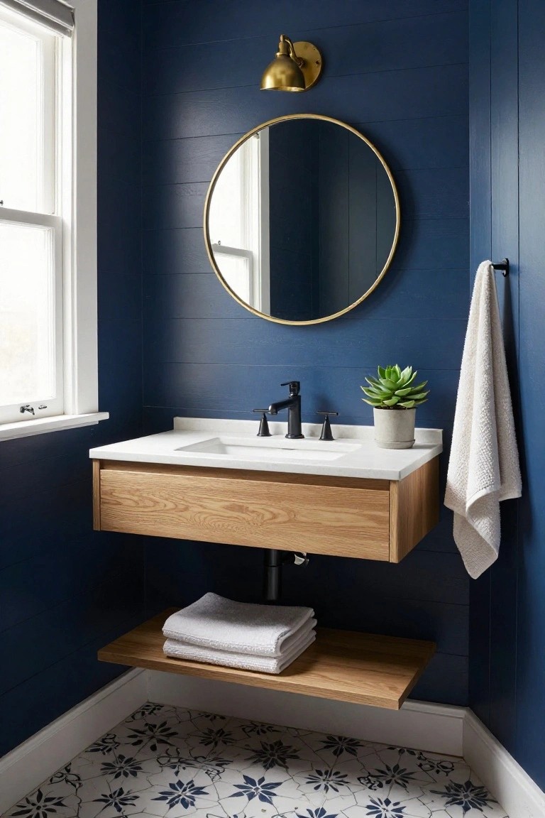 Navy blue bathroom with floating oak vanity, round gold mirror, black faucet, and patterned floor.