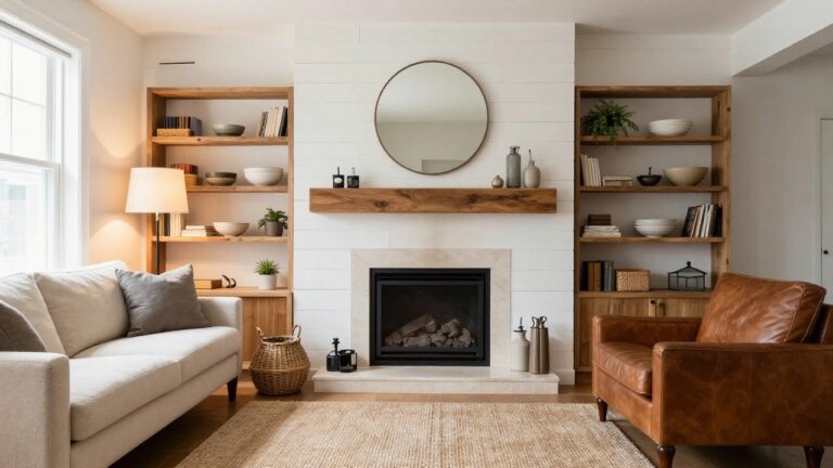 23 Gorgeous Wood Shiplap Accent Wall Ideas That Feel Updated and Not Overdone Living room interior showing a white shiplap accent wall with a black fireplace insert, wooden mantel, round mirror, and floating wood shelves holding ceramic bowls.