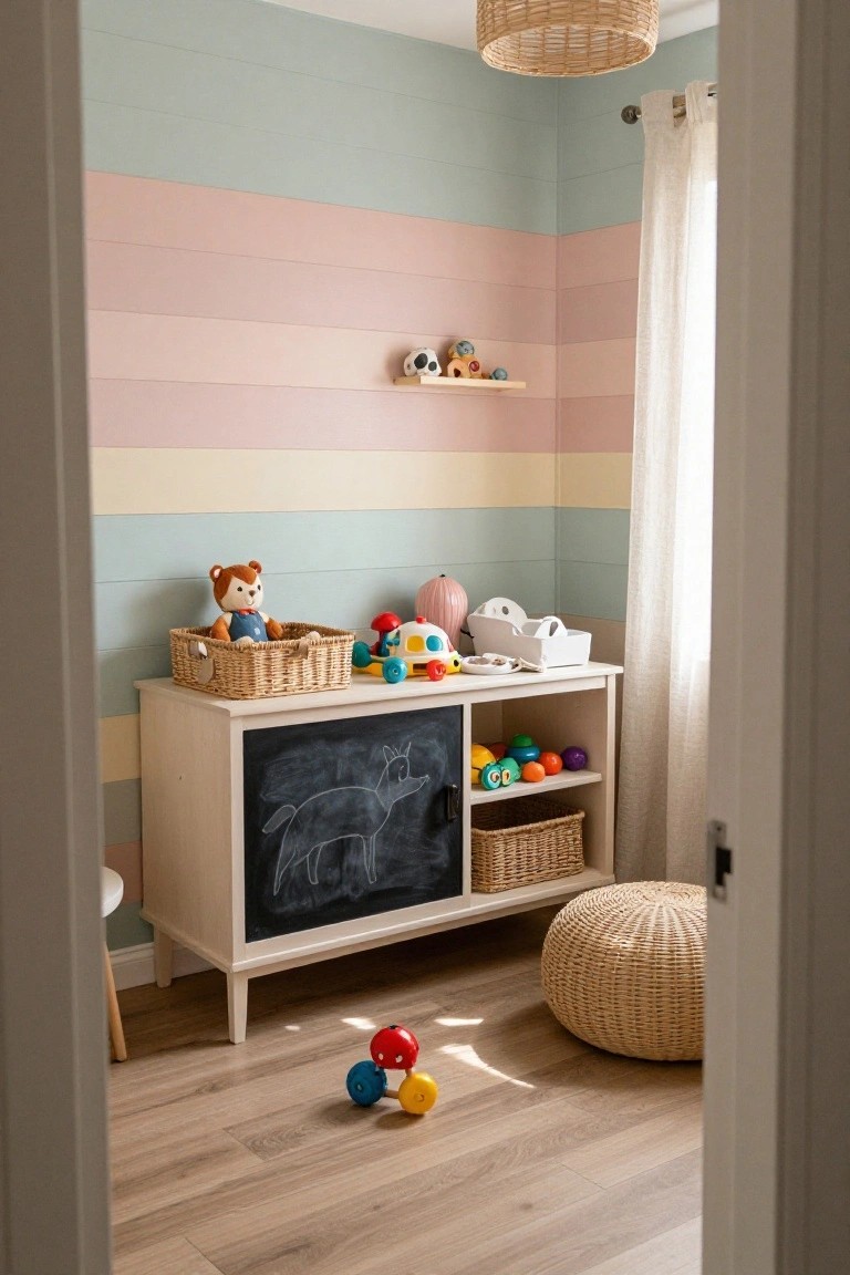 A playroom corner with a horizontal wood shiplap accent wall painted in soft pastel stripes and a low wooden storage cabinet with a chalkboard door.