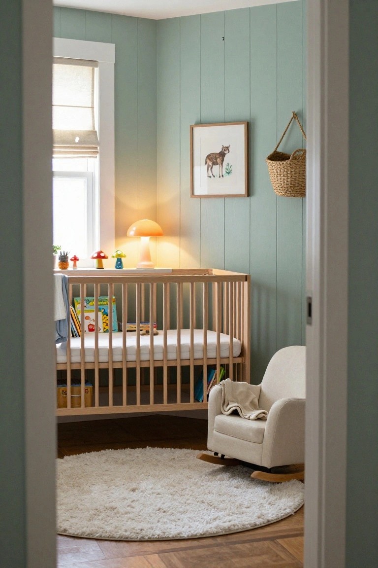 A nursery viewed through a doorway, showing a light wood crib against a sage green vertical shiplap wall, a white rocking chair, and a round white rug.