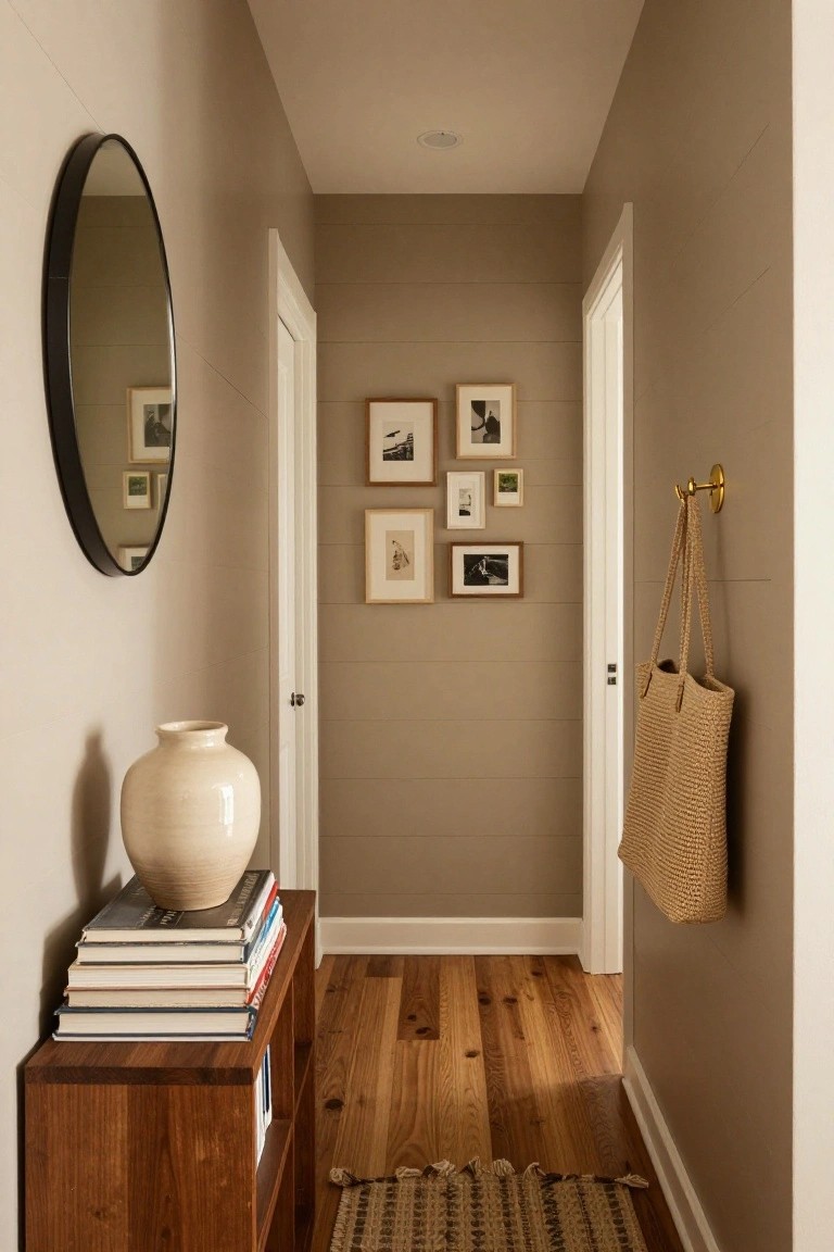 A narrow hallway features horizontal wood shiplap walls painted in a soft taupe, white door frames, a round black mirror on the left wall, and a gallery wall of framed photos centered on the back wall.