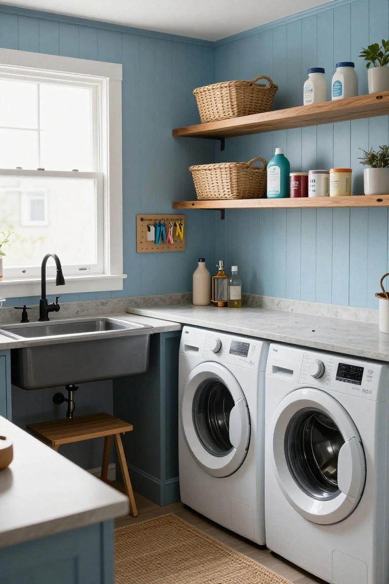 A laundry room with light blue shiplap walls, a gray farmhouse sink, two white front-loading washing machines, and wooden floating shelves.