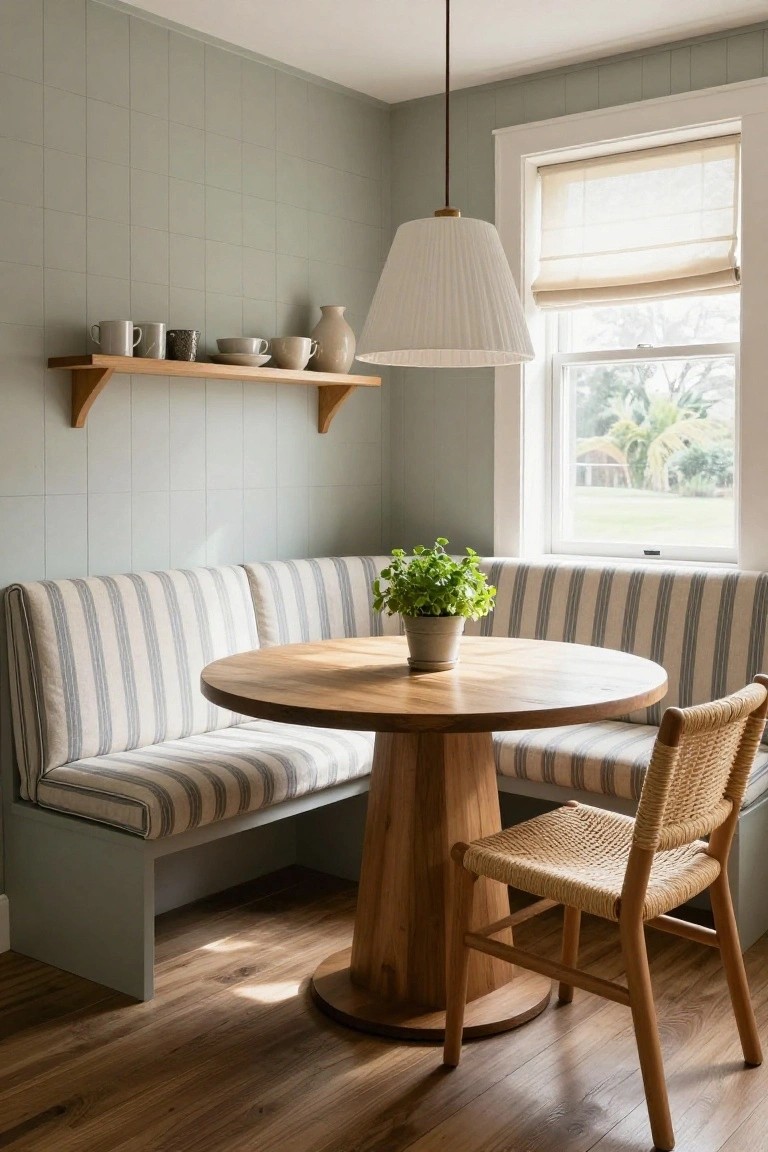 A round wooden dining table in a corner nook with built-in striped benches, light green vertical shiplap walls, a floating wooden shelf holding mugs and dishes, and a woven chair beside the table.