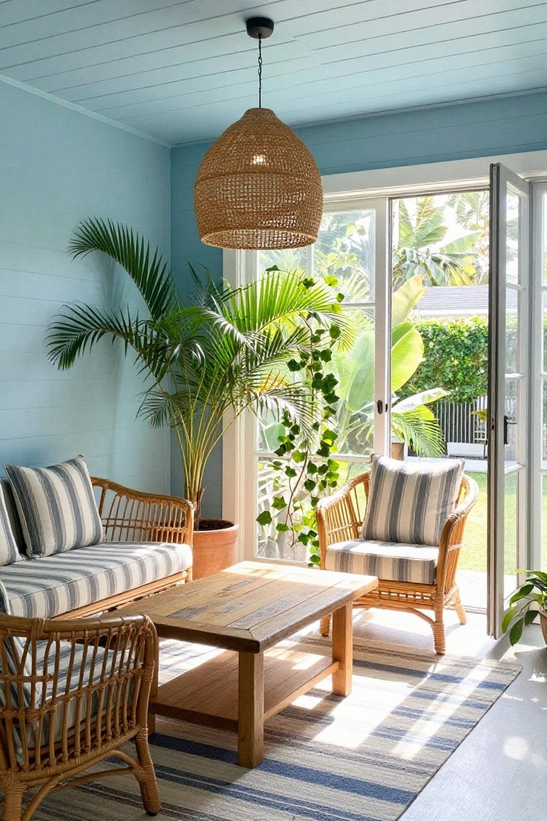 A covered porch with light blue shiplap walls and ceiling, rattan seating, a wooden coffee table, and open glass doors leading to a garden.