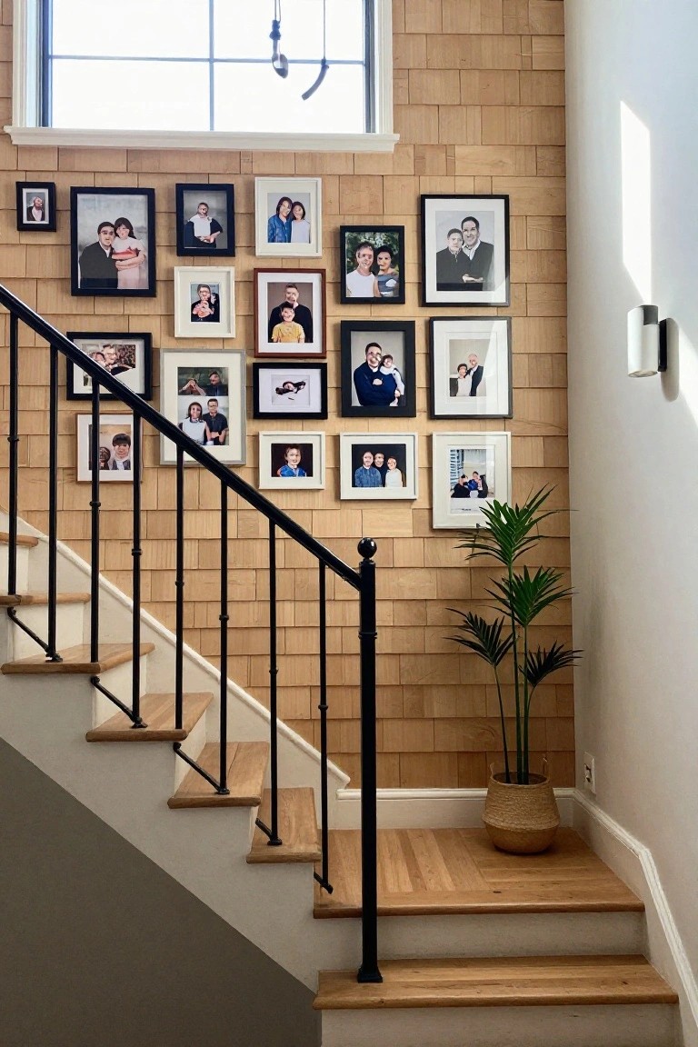 Wooden staircase with black railing beside shingled wall of framed family photos and potted plant