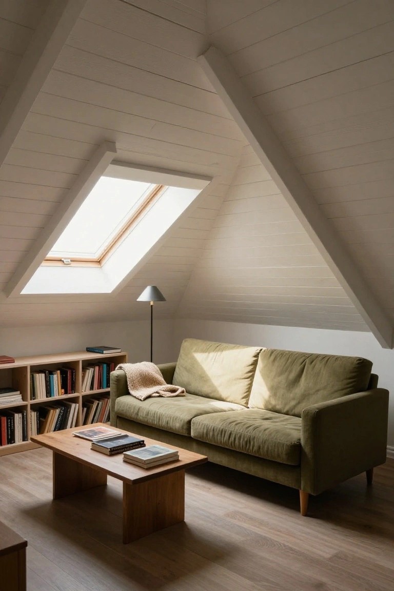 An attic room with white horizontal shiplap on the sloped ceiling and walls, a green sofa, wooden coffee table with books, and a skylight above.