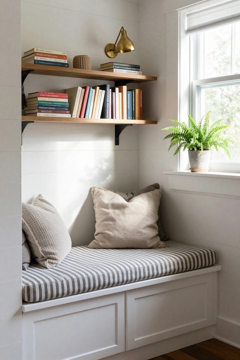 A white shiplap accent wall with two wooden floating shelves holding books above a built-in bench with a gray striped cushion and neutral pillows next to a window.