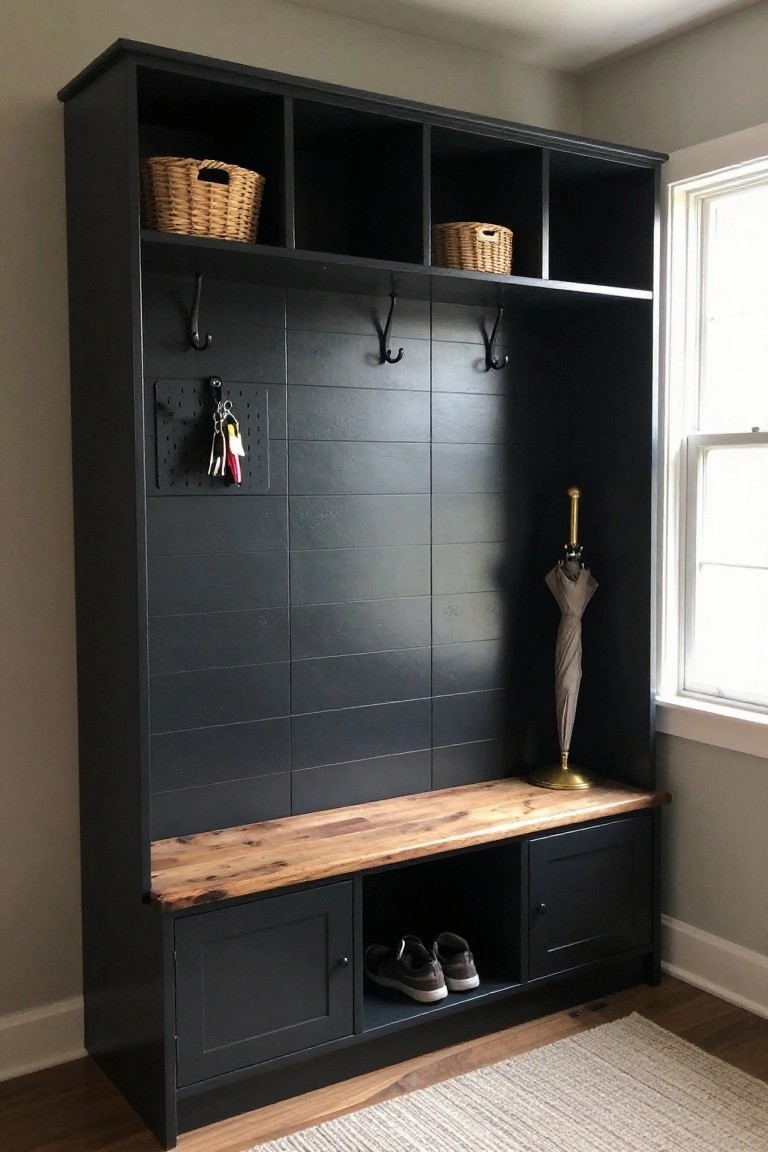 A black painted shiplap accent wall with hooks, open cubbies, a wooden bench, and lower cabinets in an indoor entryway.