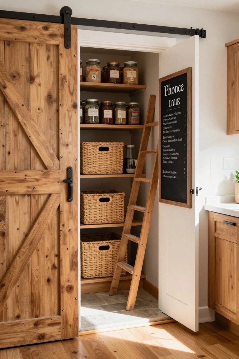 A rustic wooden sliding barn door stands open to reveal pantry shelves stocked with glass jars and woven baskets, with a wooden ladder leaning against the shelves and a chalkboard mounted on the inside of the door.