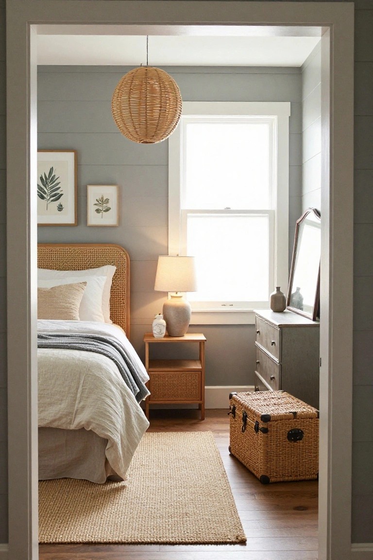 Cozy bedroom with rattan headboard, woven pendant light, gray walls, and wooden furniture