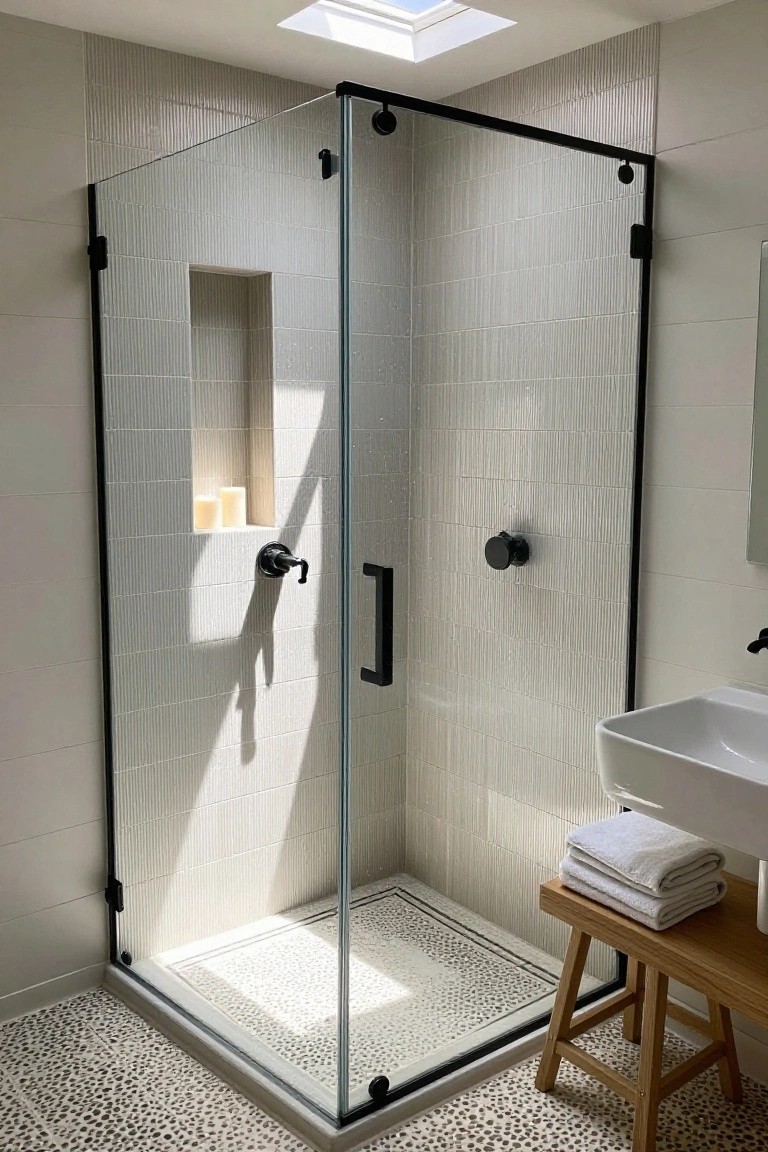 Modern bathroom with black-framed glass shower, white tiles, vessel sink, and towel stool.