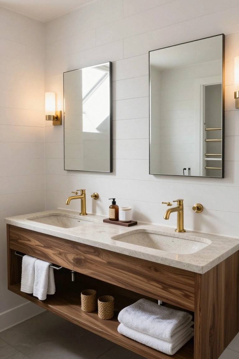 A bathroom with white shiplap walls, a floating wood vanity topped with marble, two sinks with gold faucets, and open lower shelving holding towels and baskets.
