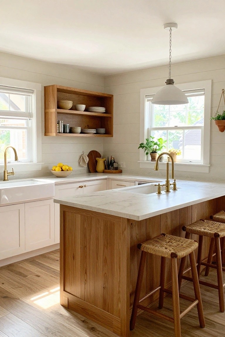 A bright kitchen with white shiplap walls, a large wooden island with woven stools, white cabinets, and open wooden shelving above the counter.