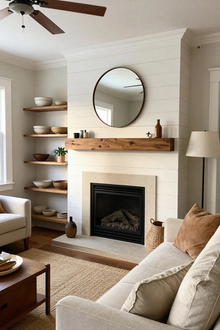 Living room interior showing a white shiplap accent wall with a black fireplace insert, wooden mantel, round mirror, and floating wood shelves holding ceramic bowls.