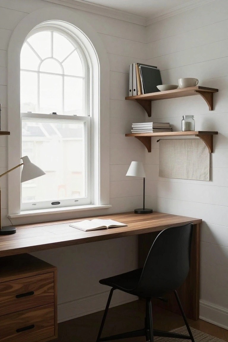 A home office corner with white shiplap walls, a wooden desk under an arched window, black chair, and two floating wooden shelves holding books and items.