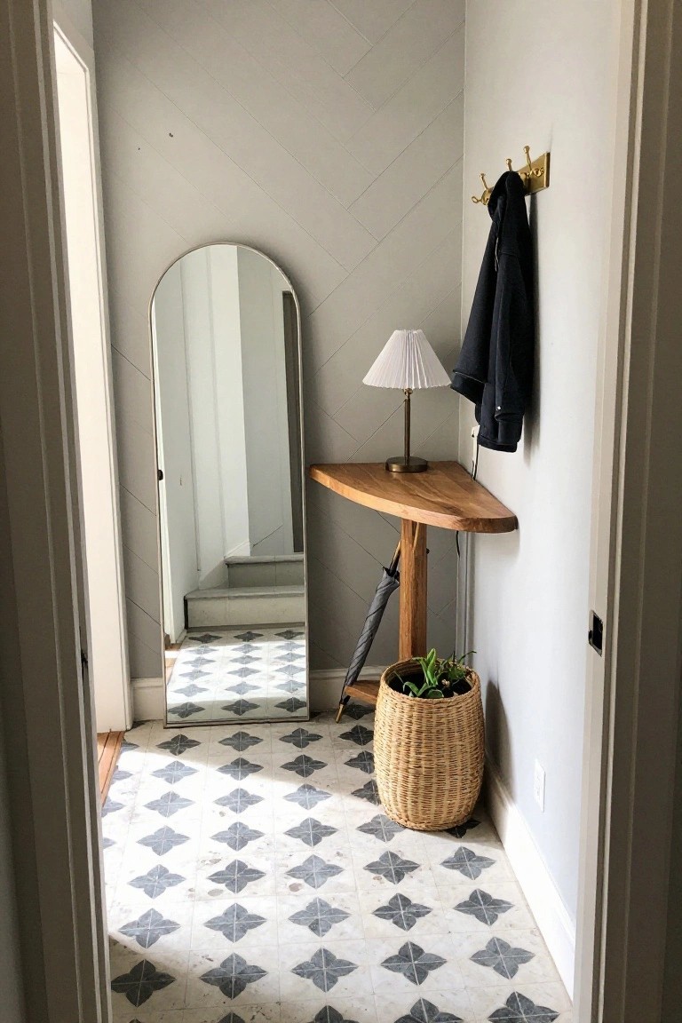 A narrow hallway features a herringbone wood accent wall, an arched mirror reflecting stairs, a wooden console table, and a woven basket on a patterned tile floor.