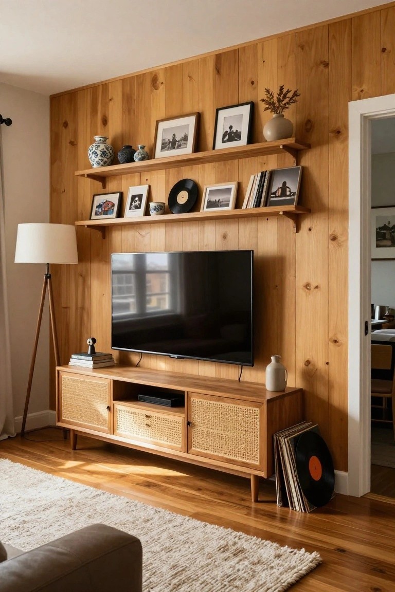 A living room with a vertical wood shiplap accent wall, floating shelves above a wooden media console, and a television centered on the wall.