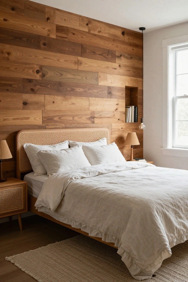 A bedroom featuring a horizontal wood shiplap accent wall behind a bed with a woven headboard, white linens, and a built-in shelf holding books.