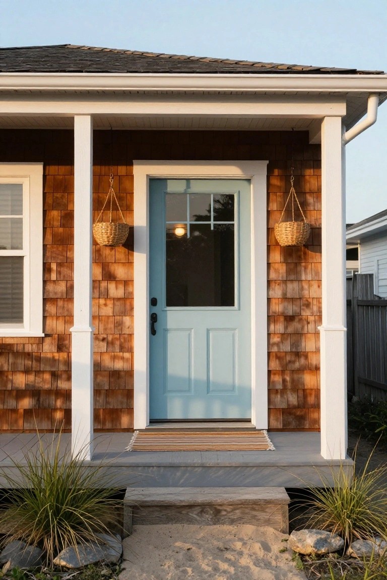 A light blue single front door with white trim on a house sided in brown wooden shingles, flanked by two hanging wicker baskets.