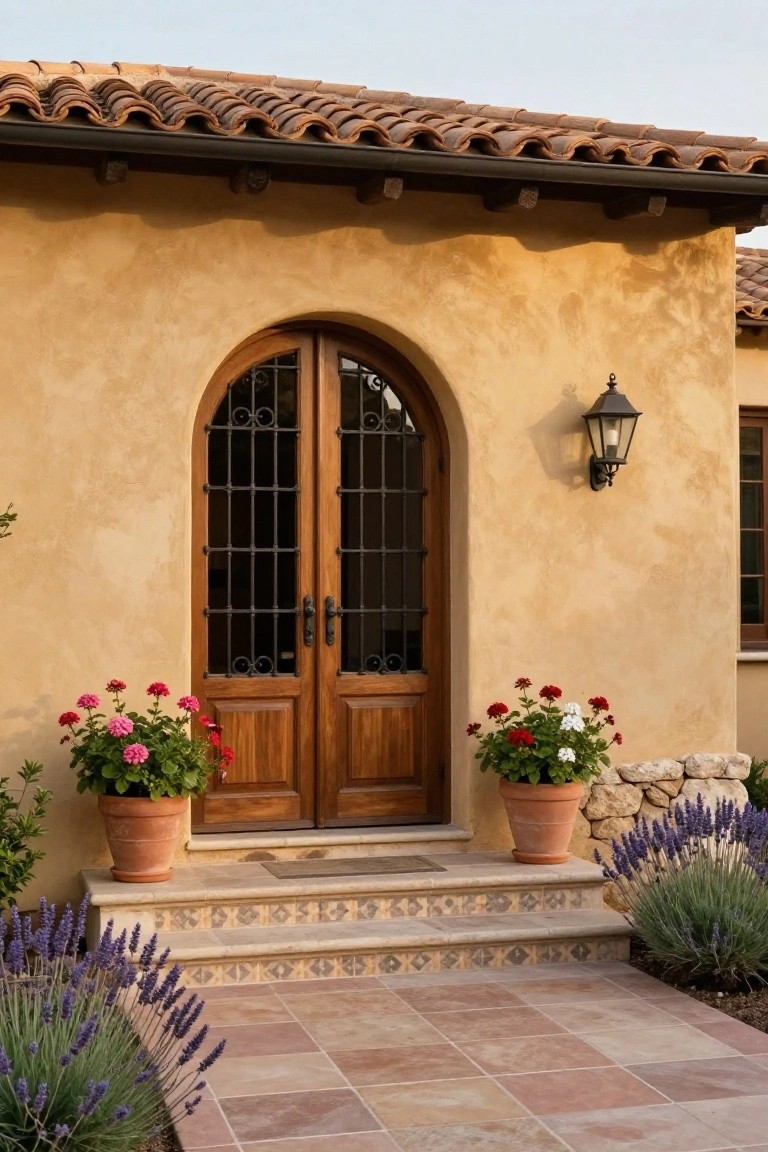 Double wooden doors with iron grilles set inside a rounded arch on a stucco house, with potted flowers on the steps.