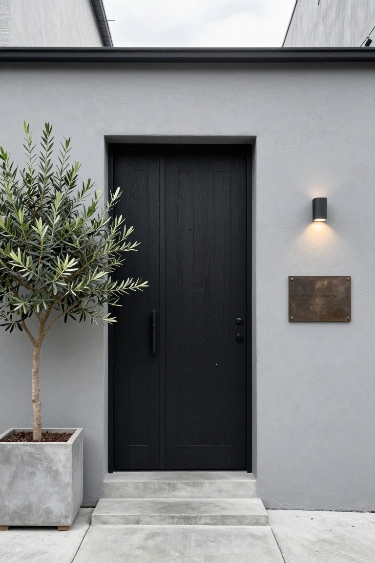 A pair of black double wooden doors centered in a light gray wall above concrete steps, with a potted tree on the left side.