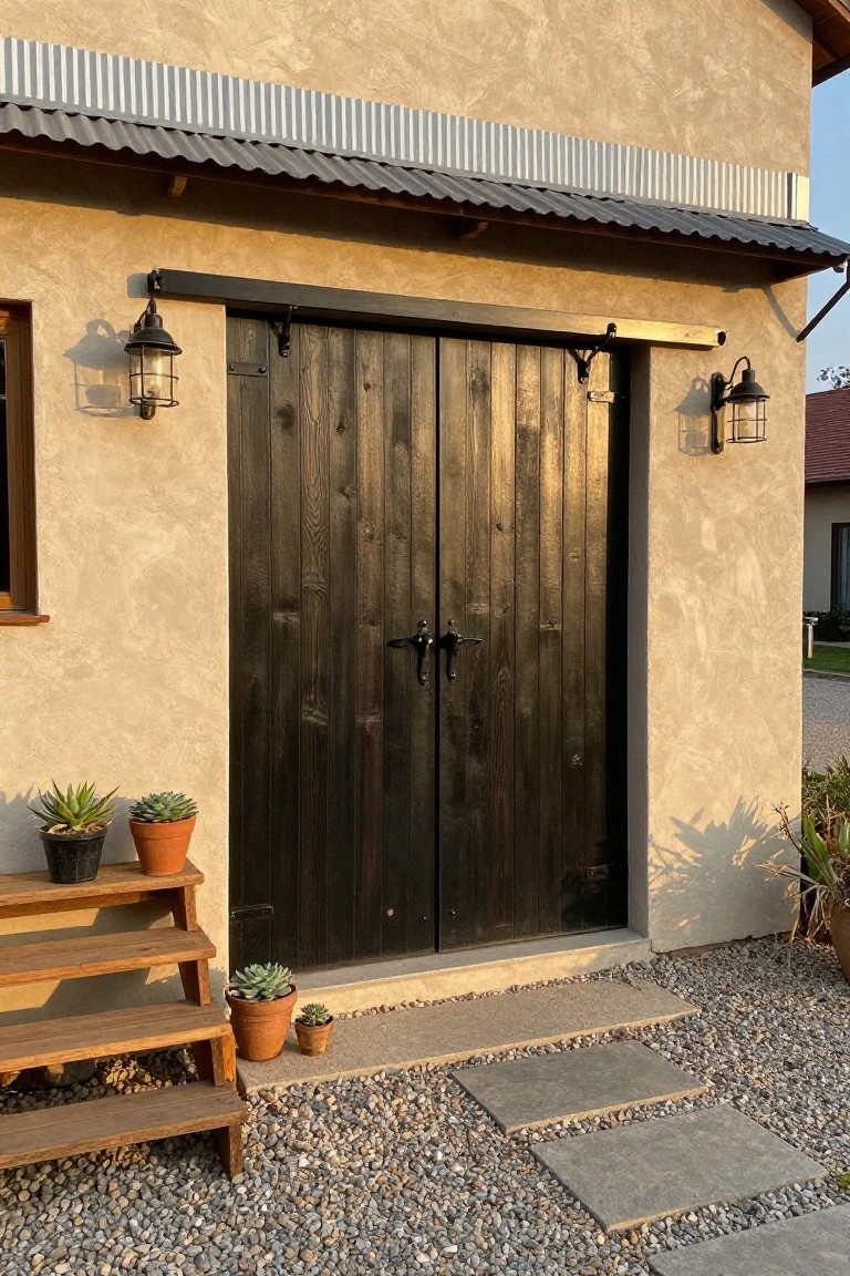 A pair of dark wooden double doors centered in a light stucco exterior wall, flanked by two black lanterns and set above gravel and stone steps.