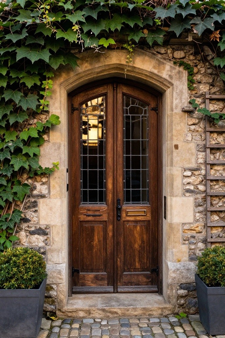Double wooden doors with divided glass panels set in a stone archway surrounded by green ivy and two potted shrubs on a cobblestone path.