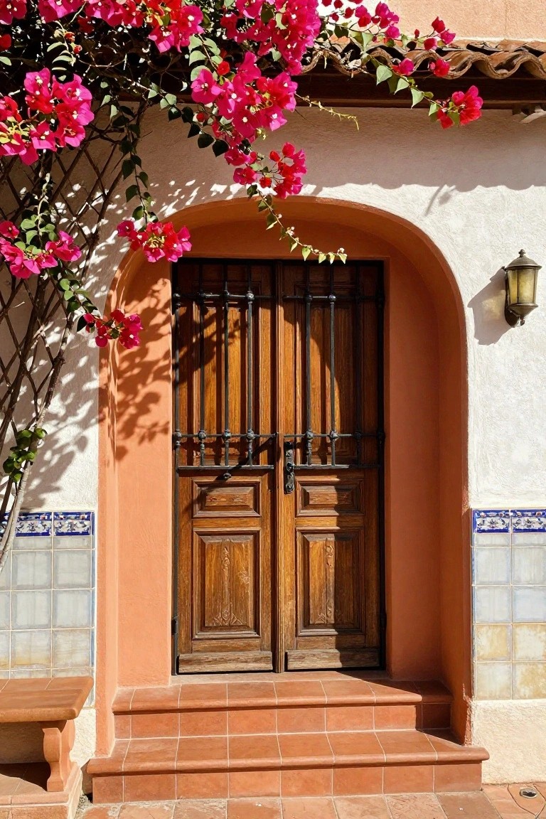 Double wooden doors with black metal grilles set inside a terracotta arched entryway, flanked by pink bougainvillea and tiled steps.