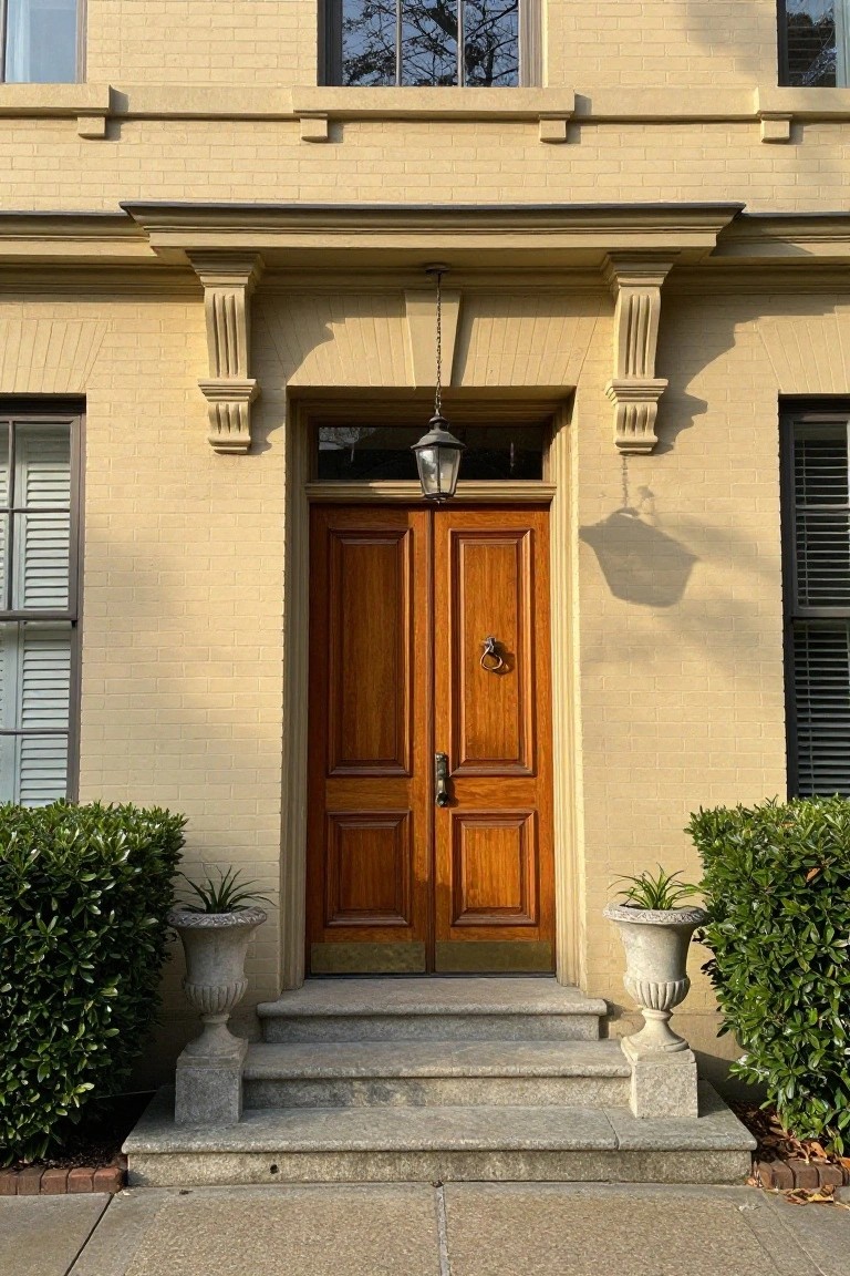 A pair of wooden double doors centered on a beige brick house facade, with three stone steps, two stone urns, and a hanging lantern above the doors.