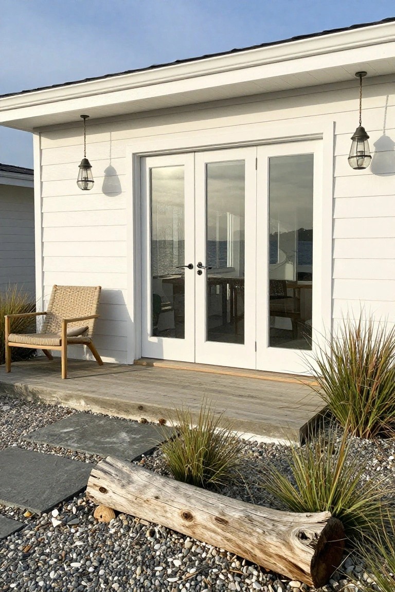 White house exterior featuring a pair of glass-paned double doors on a wooden deck, with hanging lanterns, a woven chair, and gravel landscaping.