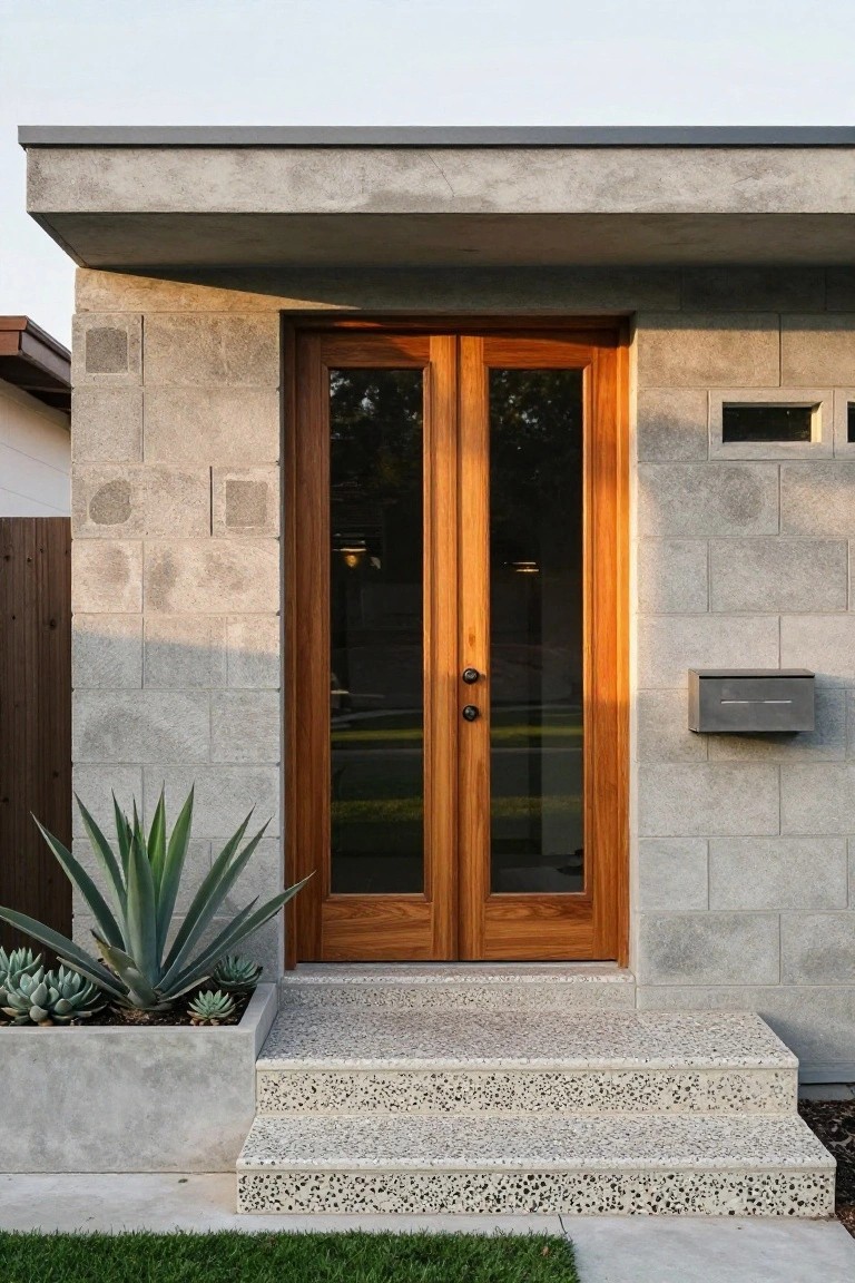 Double wooden doors centered in a gray concrete block wall with three speckled concrete steps leading up and a concrete planter with succulents to the left.