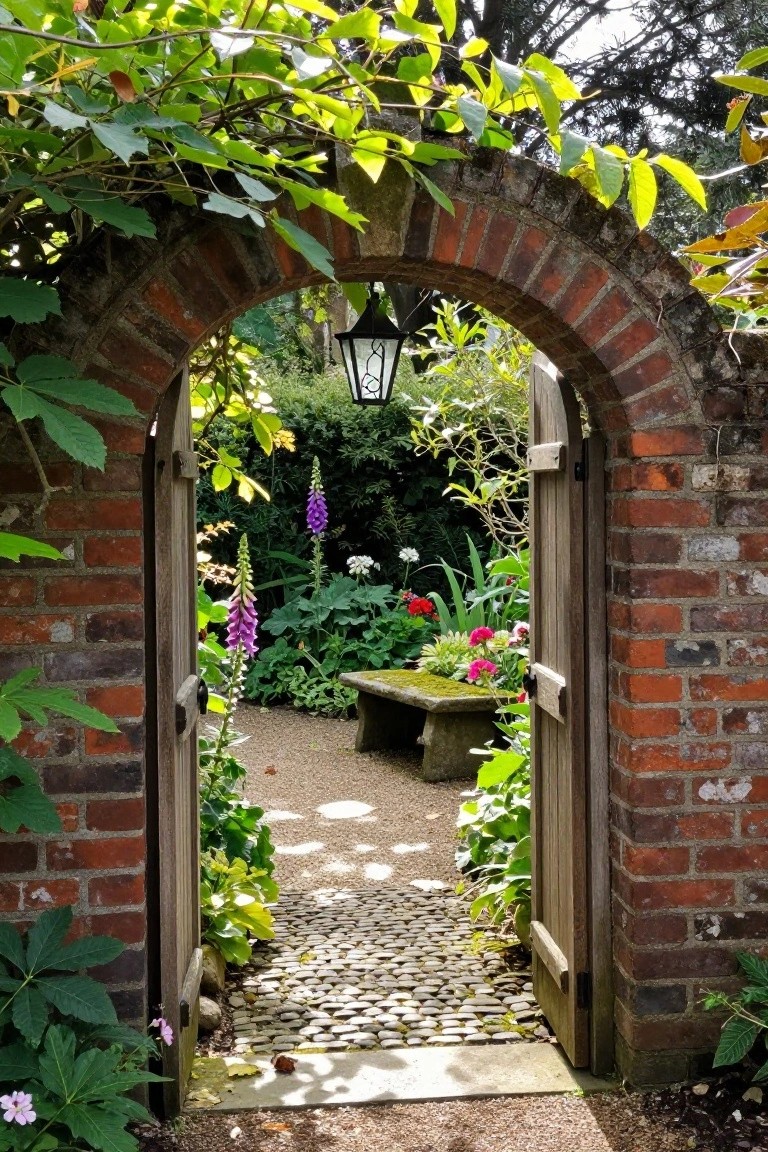 Open wooden double doors set in a brick archway that leads to a garden path lined with flowers and a stone bench.