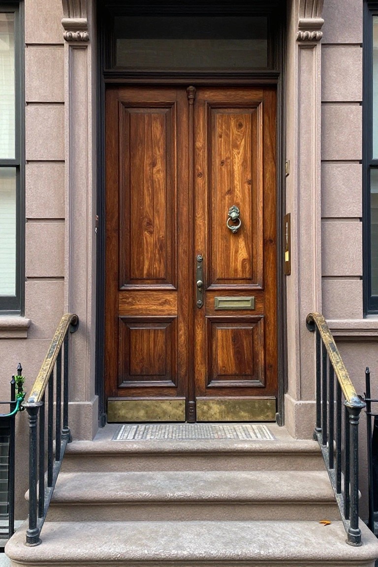 Wooden double doors atop stone steps with black metal railings