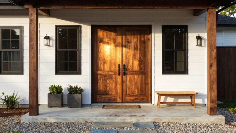 23 Impressive Double Wooden Door Designs That Make Entrances Feel Grander A pair of wooden double doors centered on a white vertical siding exterior, flanked by black lanterns and two wooden benches with small plants.