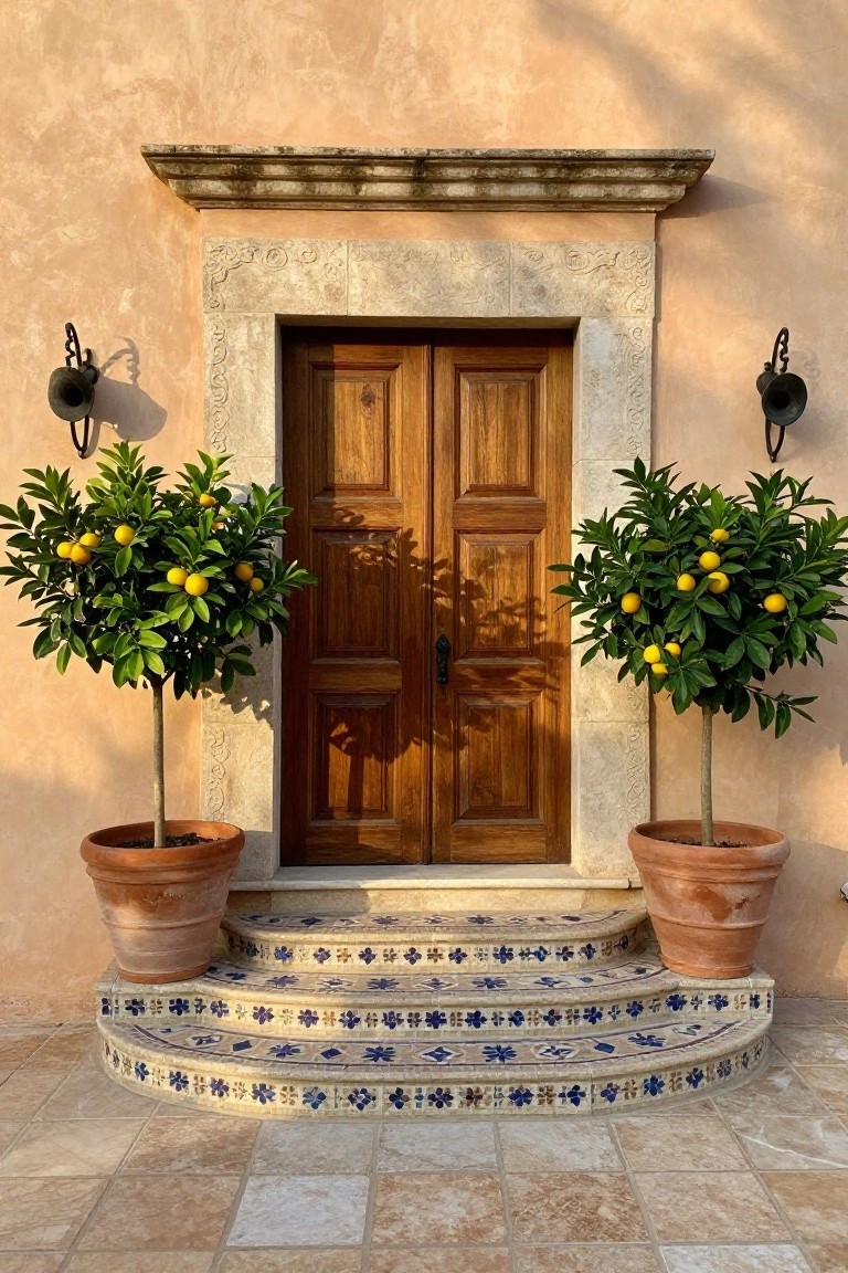 Wooden double doors in carved stone frame, flanked by potted lemon trees on tiled steps.