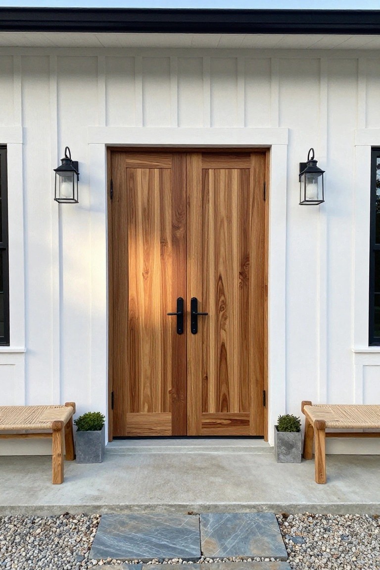 A pair of wooden double doors centered on a white vertical siding exterior, flanked by black lanterns and two wooden benches with small plants.