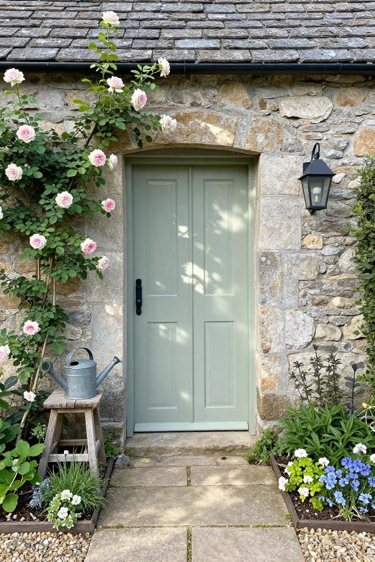 Sage green double wooden doors centered in a stone arch with climbing pink roses, a black lantern on the right, and a metal watering can on a wooden stool to the left.