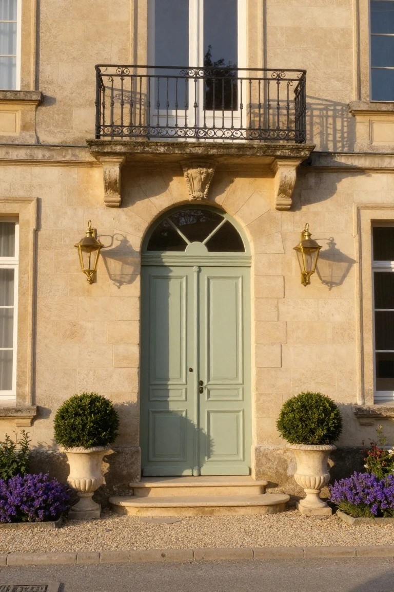 A pair of sage green double wooden doors beneath an arched transom, centered on a stone building facade with side lanterns and potted topiary plants.