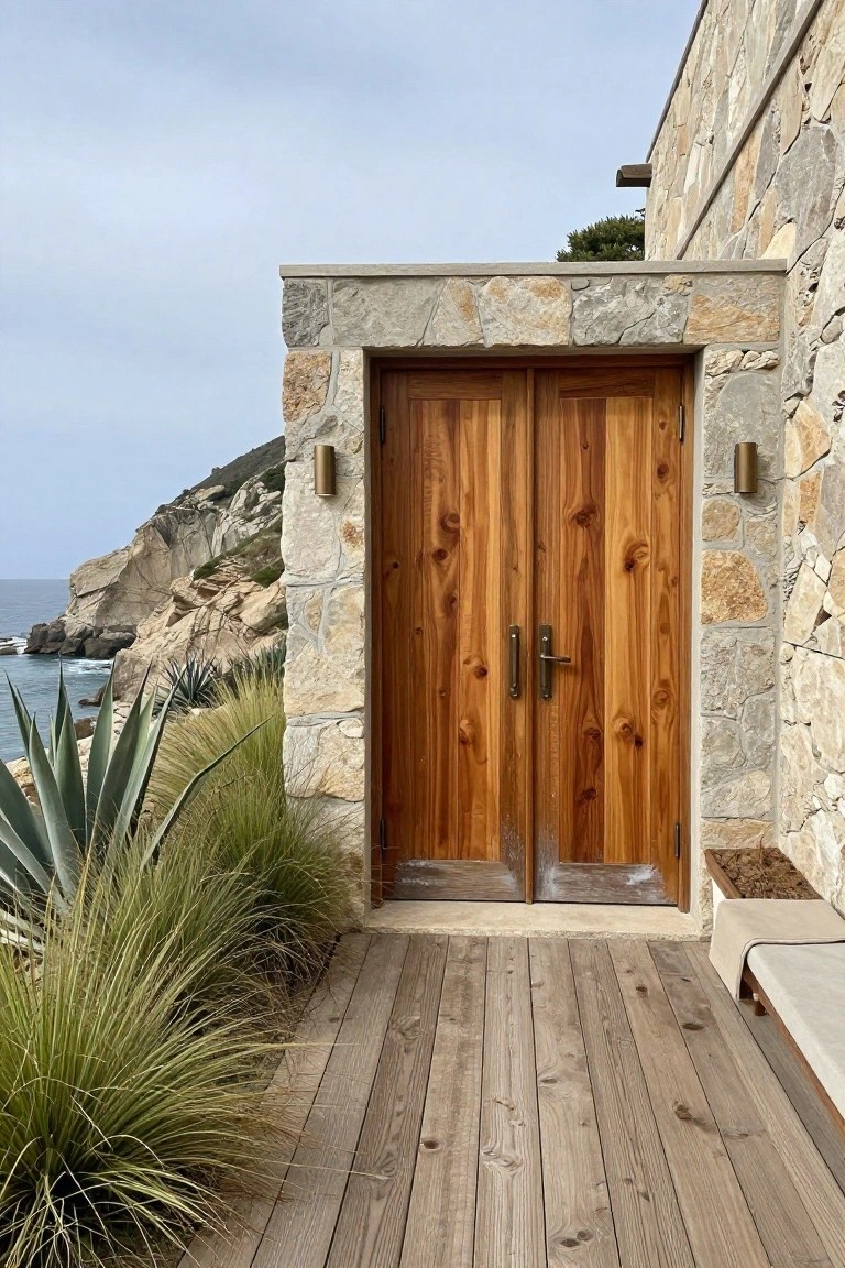 Double wooden doors set into a stone surround on a house exterior with a wooden deck and coastal view.