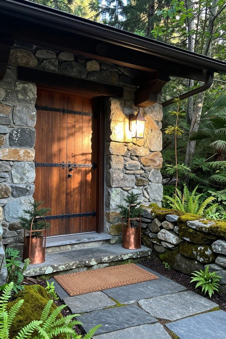 Rustic wooden door in stone wall with glowing lantern, copper planters, and garden path