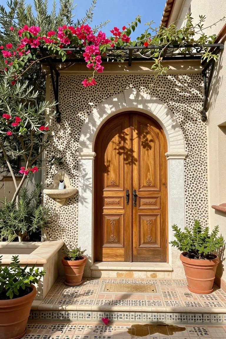 Double wooden doors centered under a stone arch on a textured house wall, flanked by potted plants and bougainvillea.