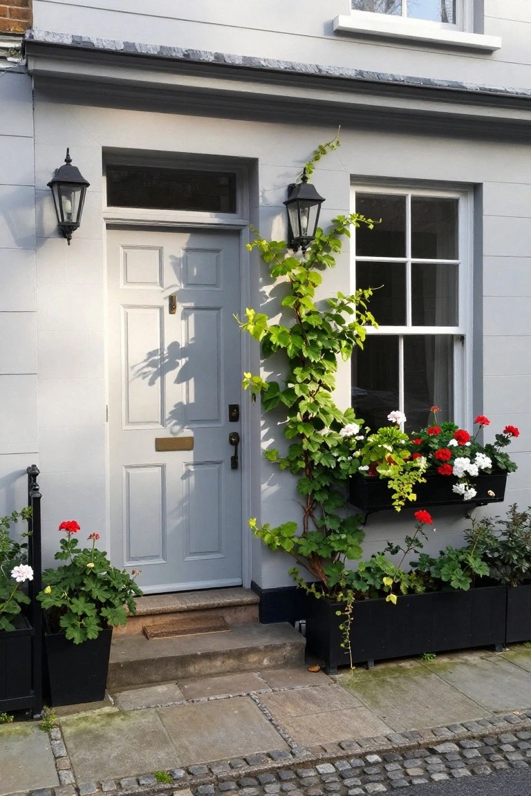 A light gray single front door on a house exterior with a climbing green vine growing up the right side next to a window with flower boxes.