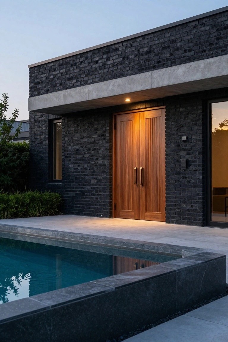 Modern house exterior with black brick walls, double wooden doors under a concrete overhang, and a swimming pool in the foreground.