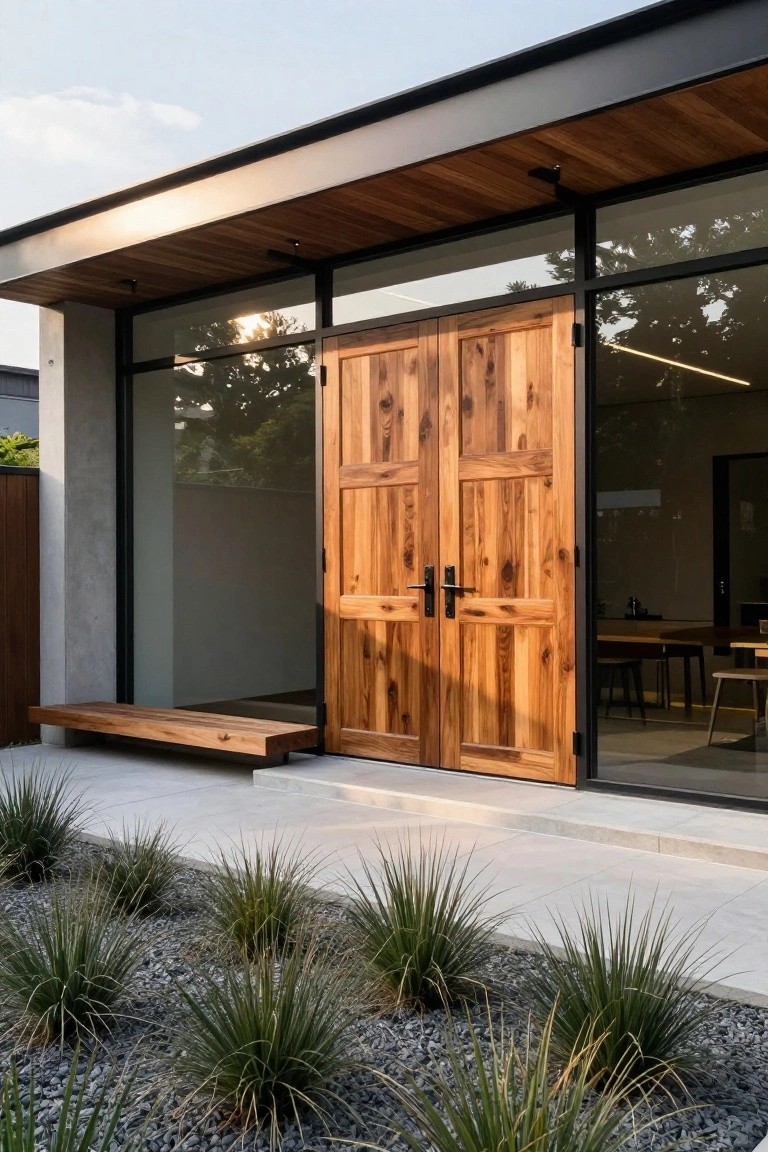 Modern house entrance with double wooden doors, black frames, adjacent glass panels, and gravel with ornamental grass in the foreground.