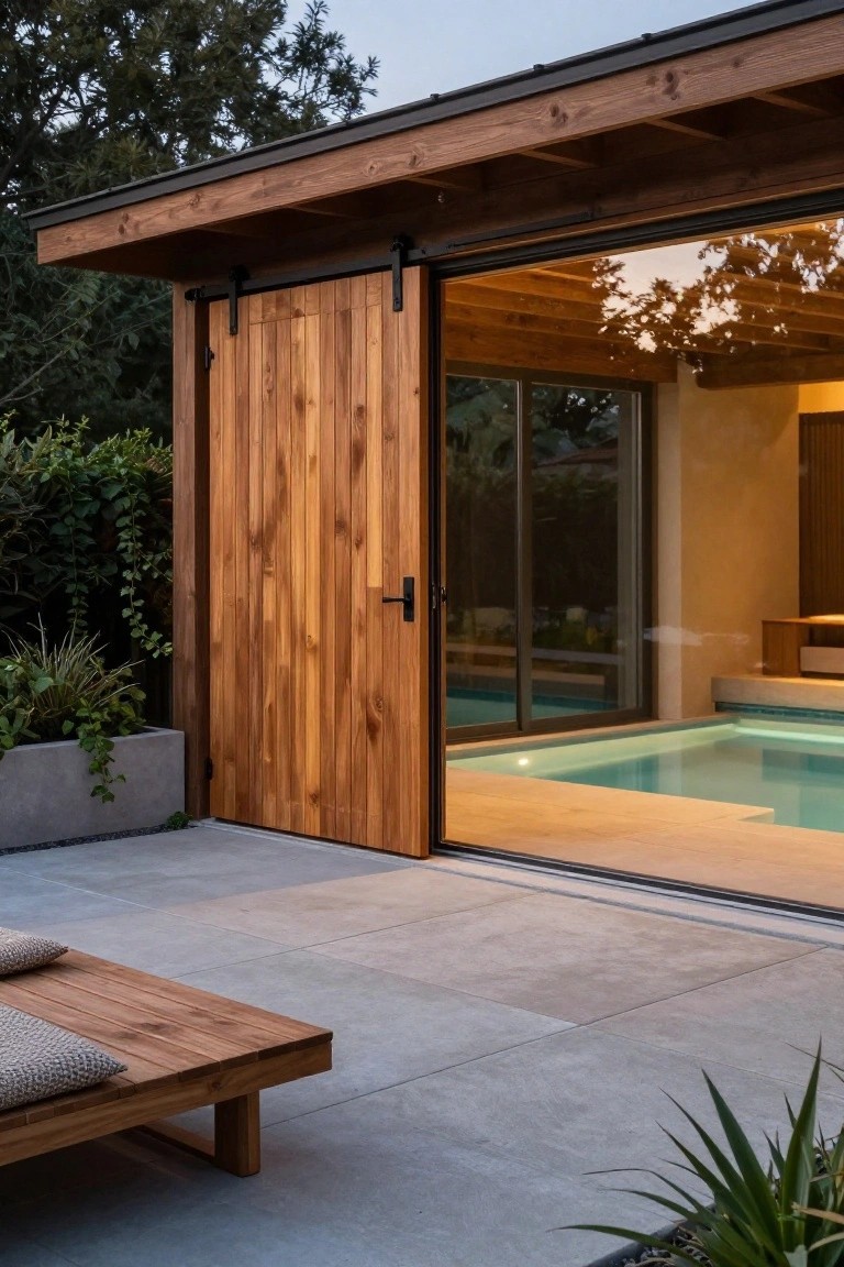 Modern wooden sliding door open to illuminated poolside patio with lounge chair